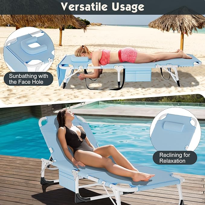 MOPHOTO Tanning Lounge Chair 5-Position, Outdoor Sunbathing Chairs Folding Chaise Lounge, Sun Tanning Lounger with Face Hole, Perfect for Pool Beach Patio Sunbathing