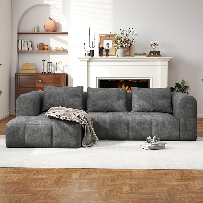 105" Modular Sectional Couches for Living Room, Cloud Sectional Couch with Deep Seat, Convertible L-Shape Couch, Upholstered Couches for Living Room Bedroom, No Assembly Required, Grey (Slub Fabric)