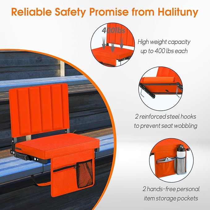 Halituny Stadium Seat for Bleachers with Back Support, Portable Bleacher Seat with Wide Comfy Padded Cushion, Metal Hook, Folding Stadium Chair with Shoulder Strap, Carry Handle, Cup Holder