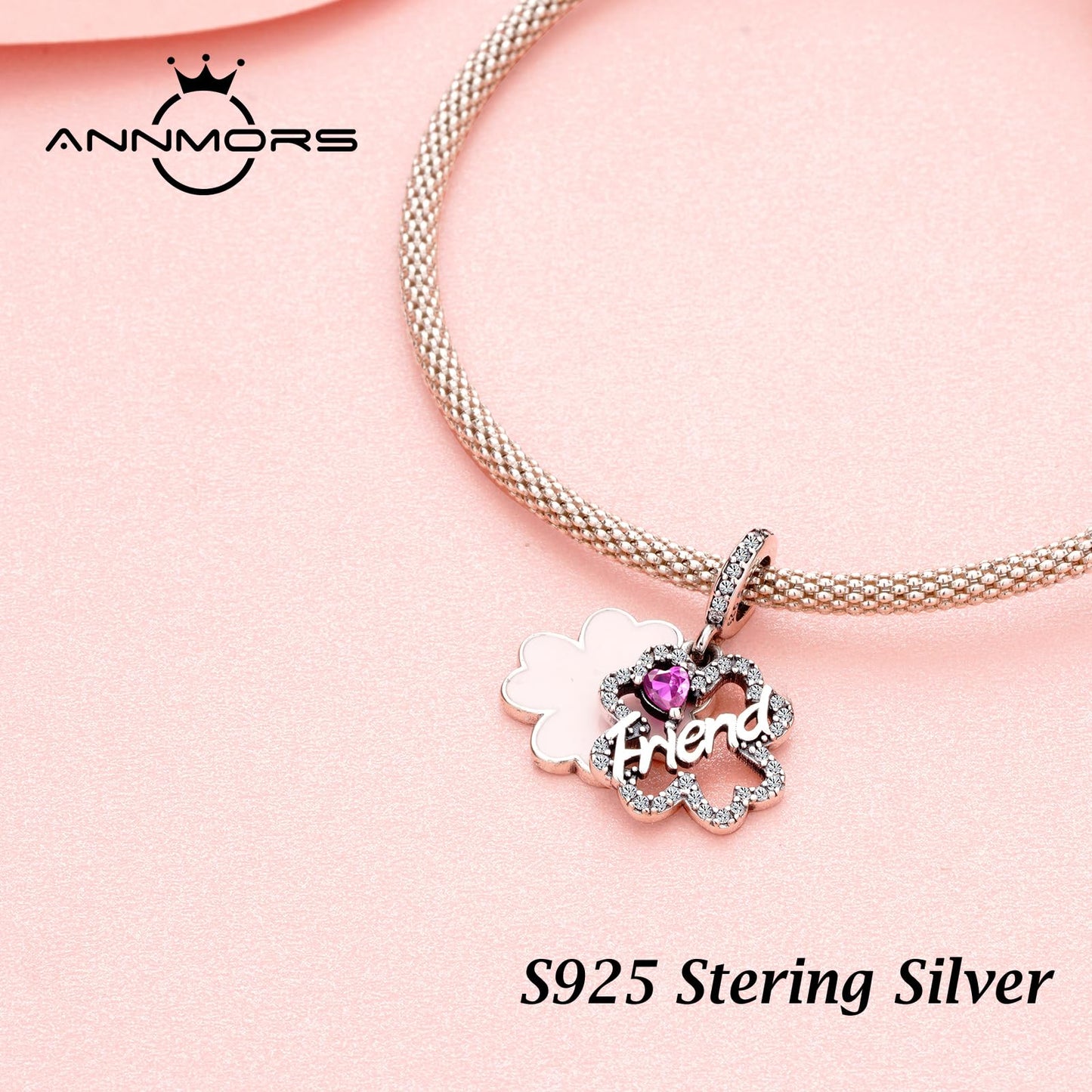 Annmors 925 Sterling Silver Charms fit Bracelets Necklaces Friends Flower Dangle Beads with 5A Cubic Zirconia Christmas Valentin