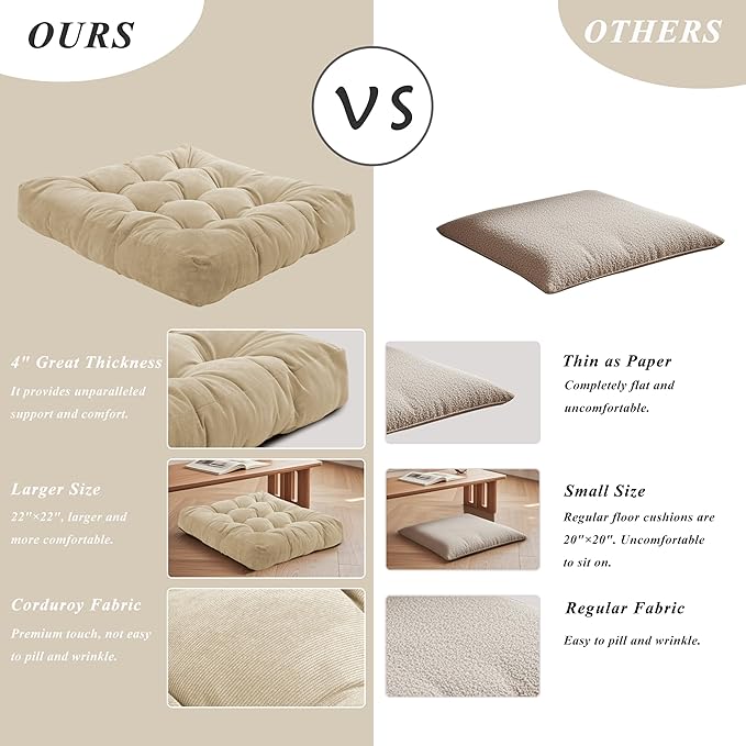 FlyGulls Meditation Floor Pillow 22×22 Inch 2 Pack Large Floor Cushions for Adults Square Tufted Corduroy Floor Pillows for Yoga Living Tatami Room Beige