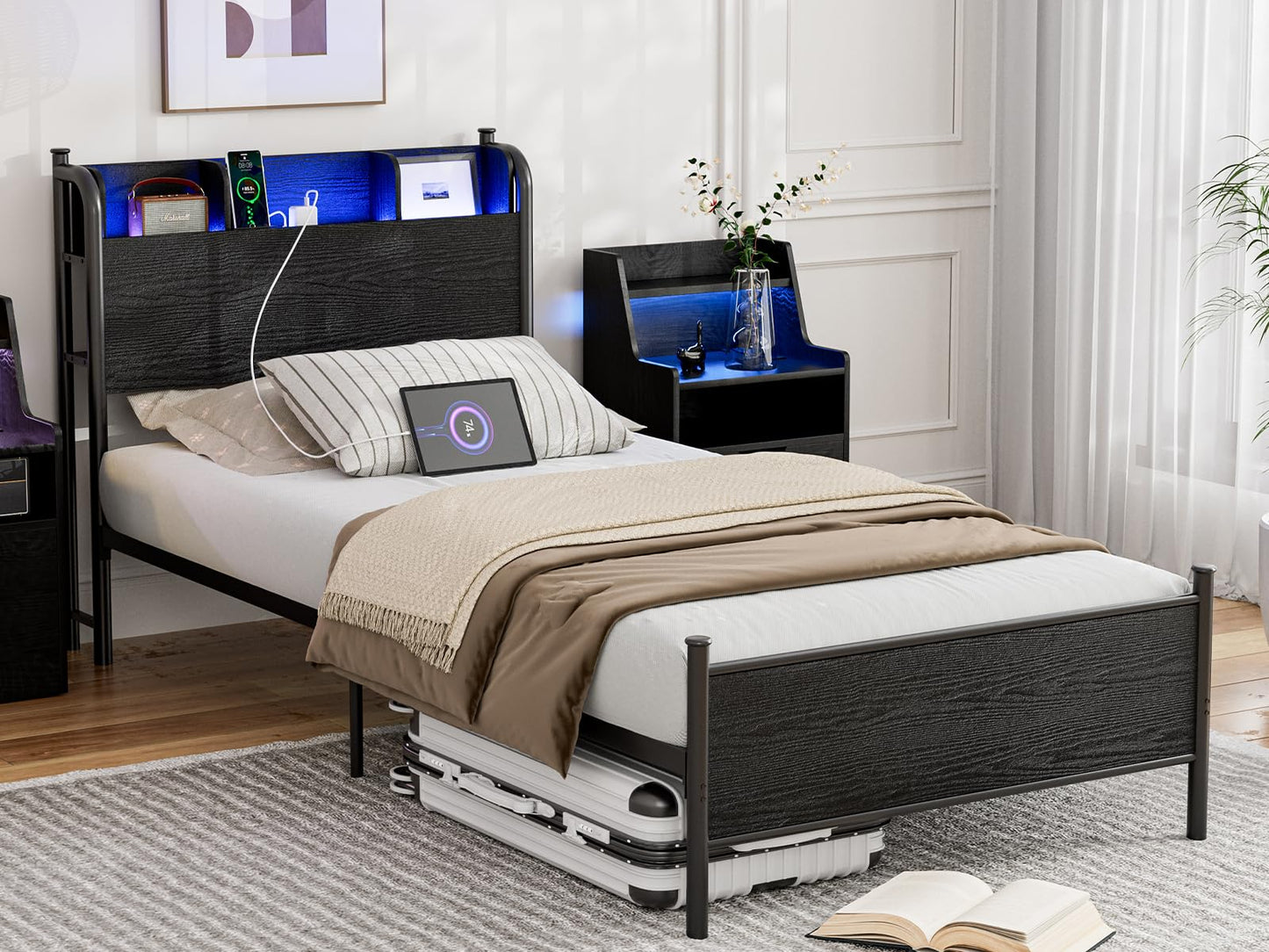 IKIFLY Twin XL Bed Frames with Storage Shelf Headboard & Charging Station, Heavy Duty Metal Twin XL Platform Bed with LED Lights, Under-Bed Storage, No Box Spring Needed, Noise Free, Black