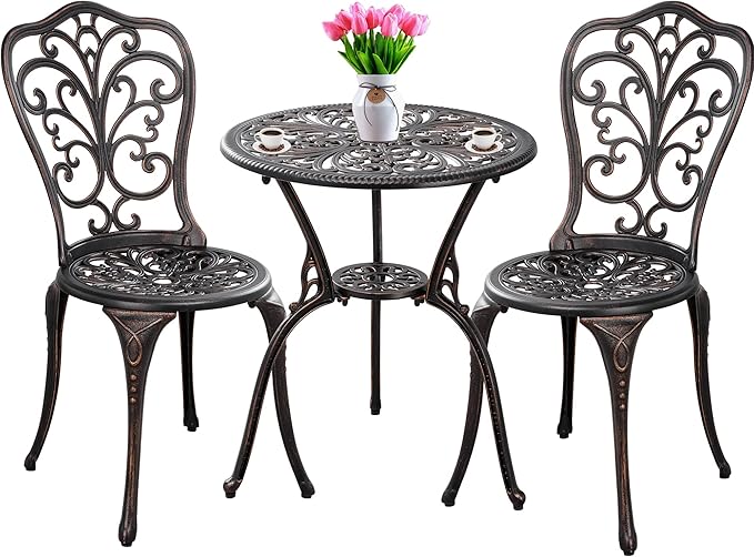 Withniture Outdoor Bistro Set 3 Piece Patio Bistro Set with Umbrella Hole, Weather Resistant Bistro Table and Chairs Set of 2 for Porch Garden, Bronze