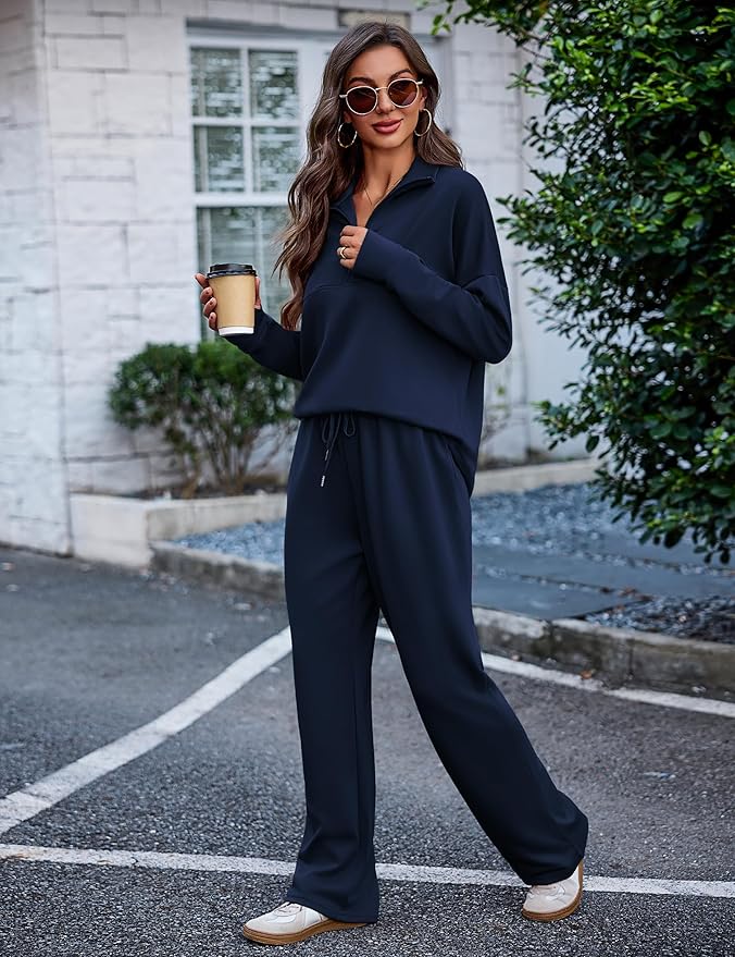Totatuit Womens Sweatsuits 2 piece Set Lapel Half Zip Lightweight Sweatshirts and Wide Leg Pants Tracksuit Lounge Sets