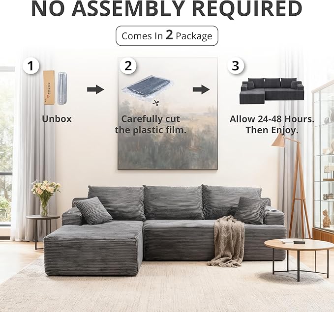 105" Cloud Sectional Couch with L-Shape Chaise, Modular Sectional Sofa with Deep Seat & 2 Cup Holders, Modern Corduroy Boneless Couches for Living Room, No Assembly Required, Left Facing Chaise, Grey | Pet Friendly, Flexible Layout