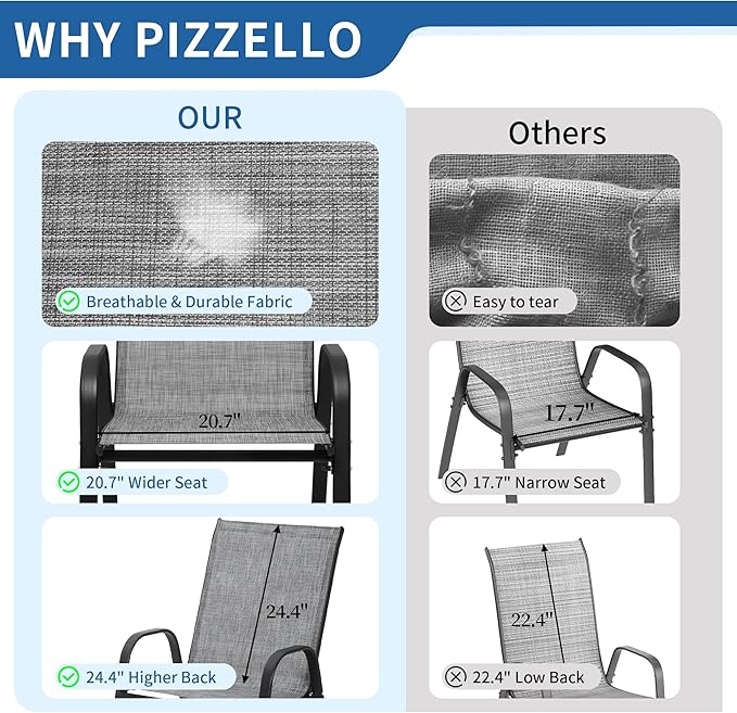 PIZZELLO Patio Chairs Set of 8 - Outdoor Stackable Dining Chairs for All Weather - Breathable Textilene Outdoor Chair Sets with Curved Armrests - 300Lbs Capacity - for Lawn Backyard Garden (Grey)
