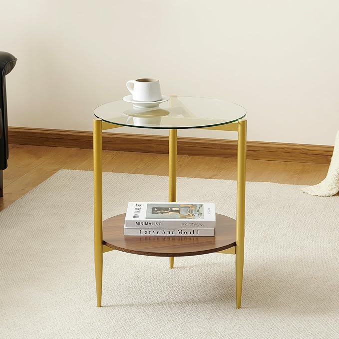 Pine Flicker Round End Table, Mid-Century Modern Design, D20*H23 inch, for Living Room, 2-Tier Structure, Clear Glass Top and Walnut MDF Shelf, Sleek Conical Metal Legs with Gold Finish