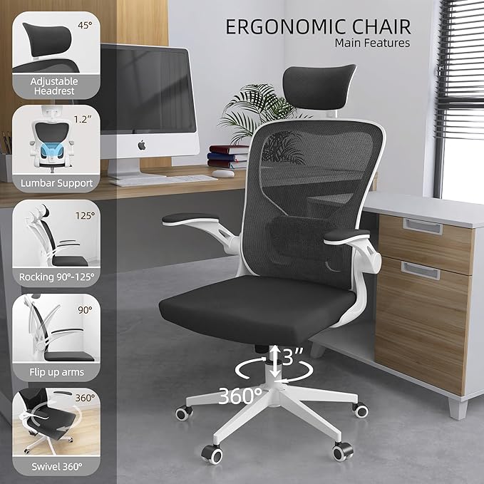 ZYFFHYLAI Office Chair Ergonomic Desk Chair, 350 LBS Mesh Office Chair with Lumbar Support, Comfy Desk Chair with Wheels, Big and Tall Chair for Study Work Gaming (Black+White)