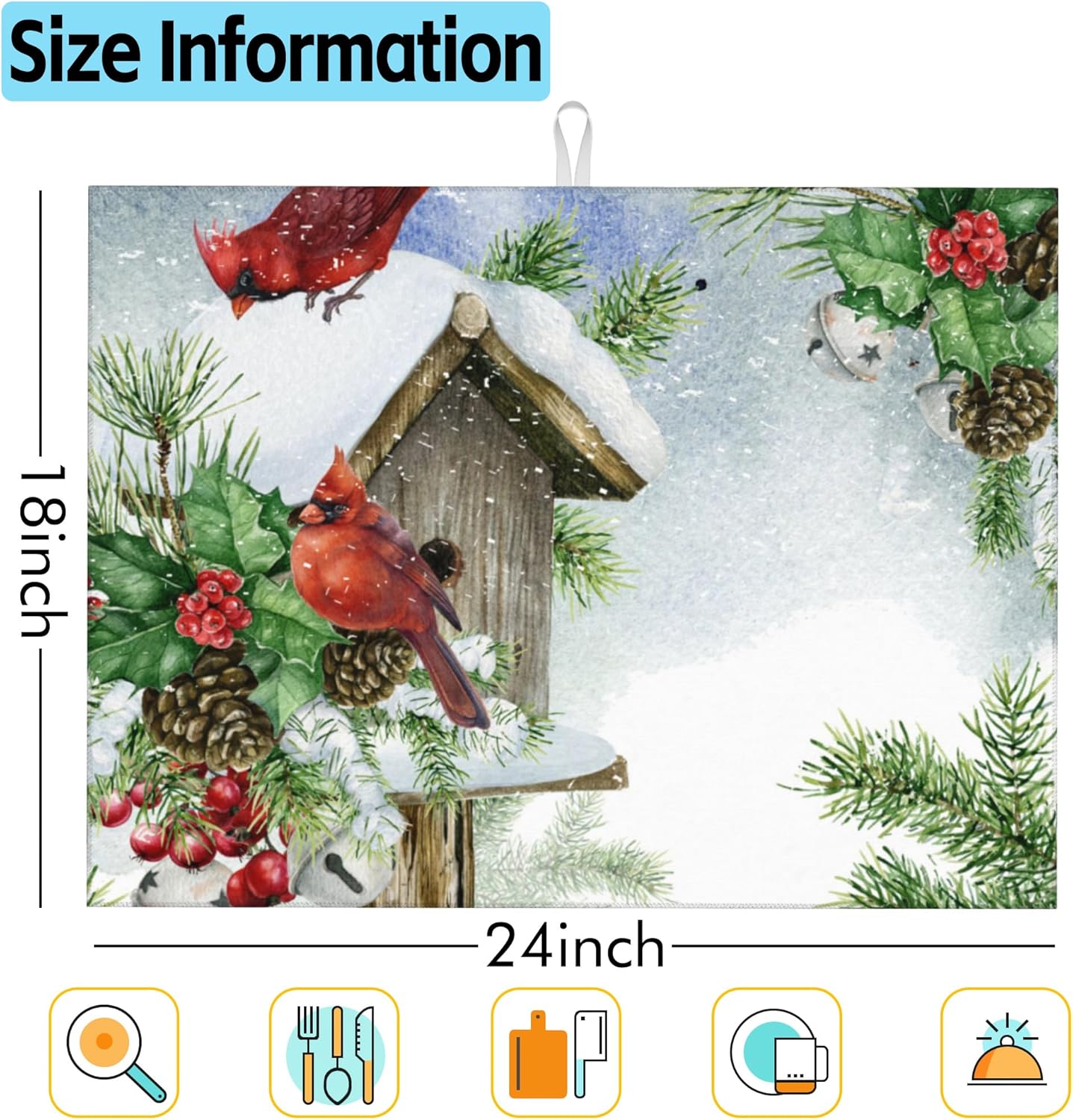 Large Dish Drying Mat for Kitchen Counter,Winter Cardinal Birds Dish Drying Mat,Christmas Red Cardinals in Snow Dish Drainer Mat Drying Pad Super Absorbent Reversible Microfiber 18"X24"