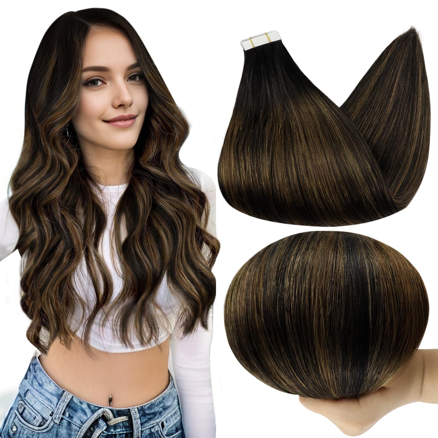 Full Shine Tape in Hair Extensions Human Hair 14 Inch Remy Human Hair Extensions Tape in Color 1B Black to Brown And Black Doubl