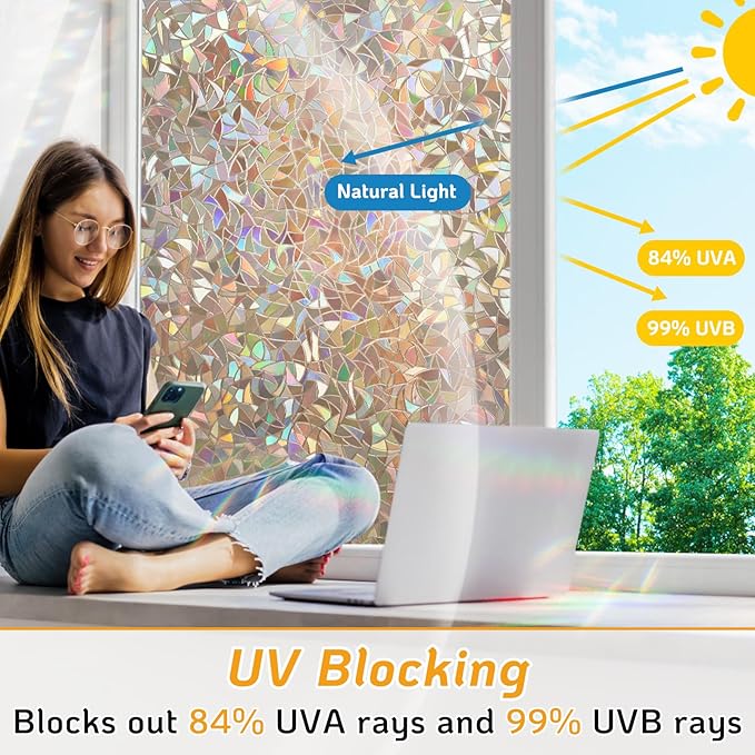 LUTE Window Privacy Film, Rainbow Window Flim, 3D Decorative Stained Glass Cling, Non-Adhesive Vinyl Static Cling Removable Glass Sticker, Sun UV Blocking Covering for Home, Brown, 17.5 x 118.1 inches