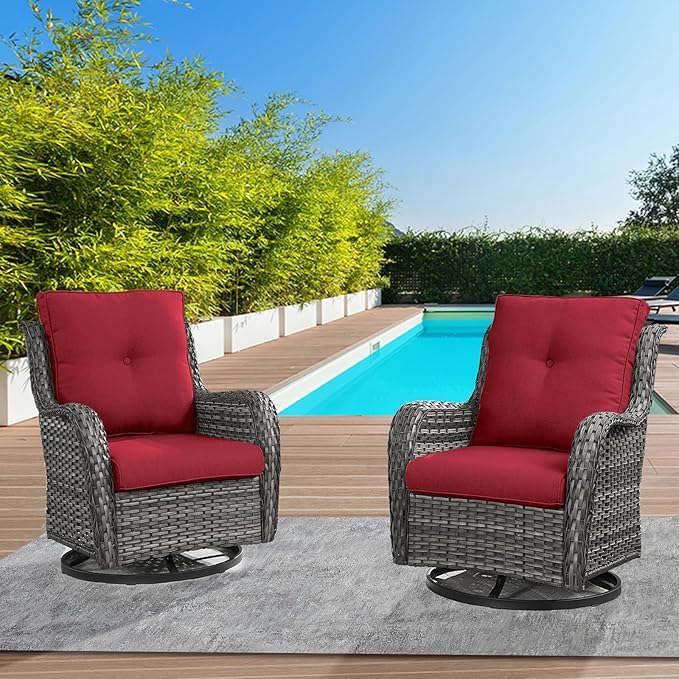 Belord Outdoor Swivel Rcoker Wicker Chairs - Swivel Patio Chairs Set of 2 Patio Furniture Sets with Covered Cushion for Porch Deck Balcony Backyard, Red