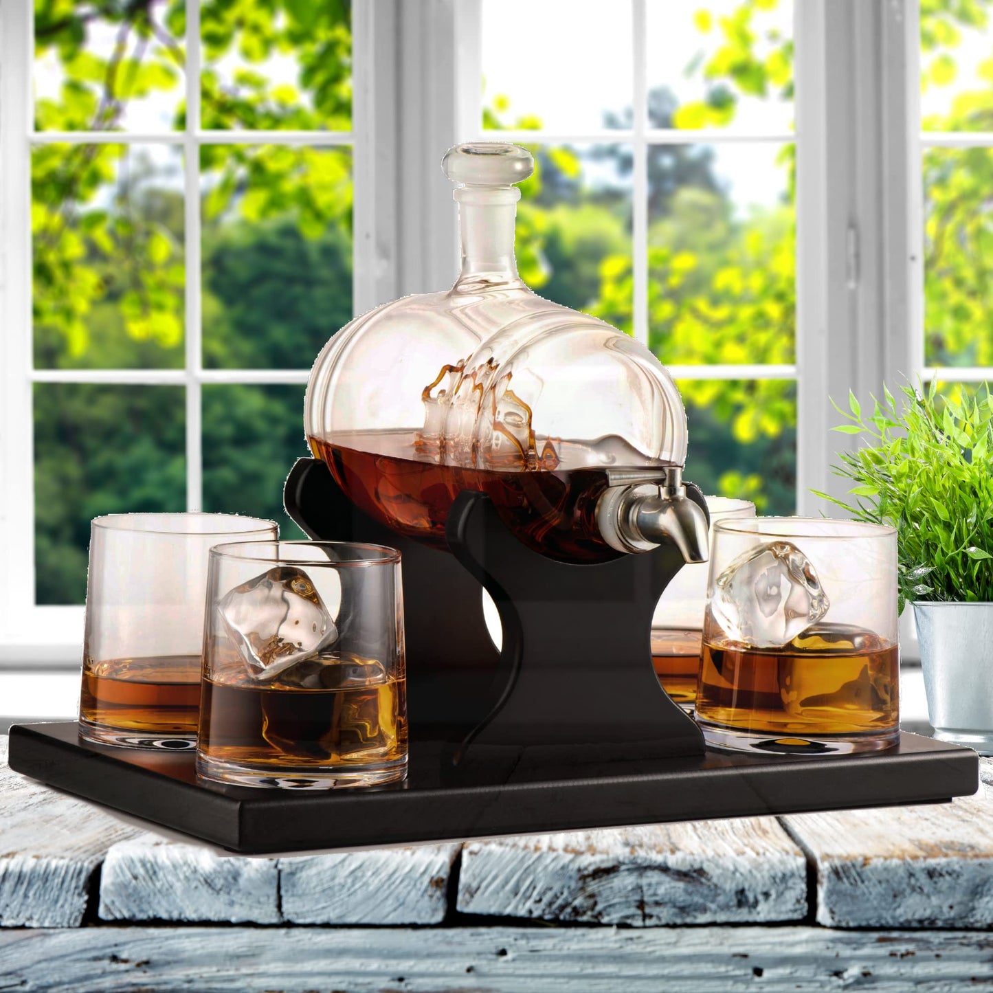 Bezrat Whiskey Decanter Barrel Set - 1000ml Liquor Dispenser - 4 Glasses - Ship in a Bottle Bar Gifts