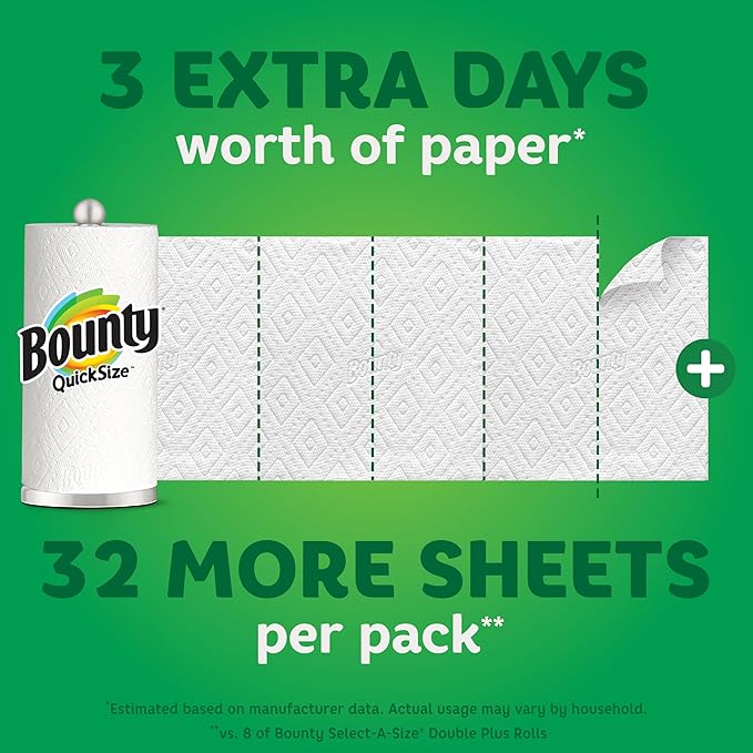 Bounty Quick Size Paper Towels, White, 8 Family Rolls = 20 Regular Rolls (Packaging May Vary)