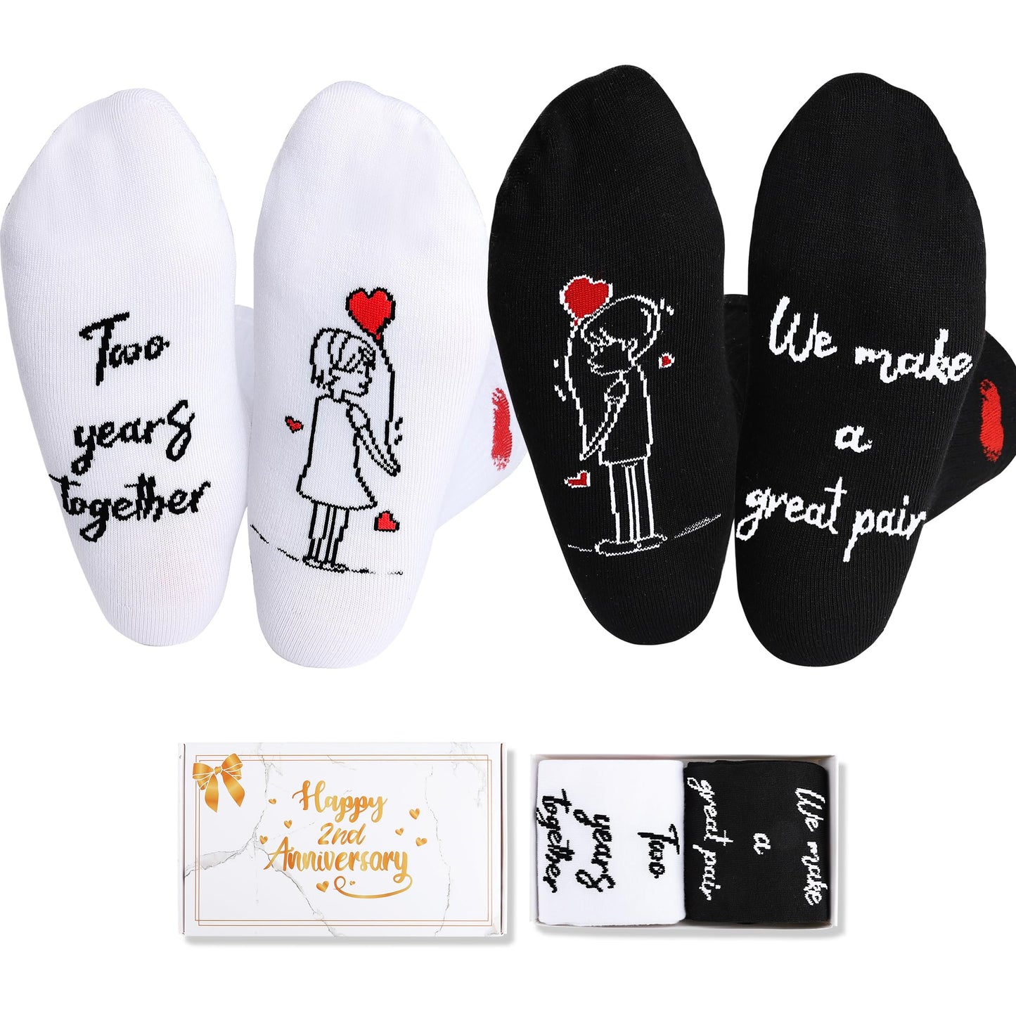 EcoUtens 2nd Anniversary Cotton Gift Set – 2 Pairs of Romantic Cotton Couple Socks with 2 Years Anniversary Card & Gift Box for Couples, Him, Her, Husband, Wife