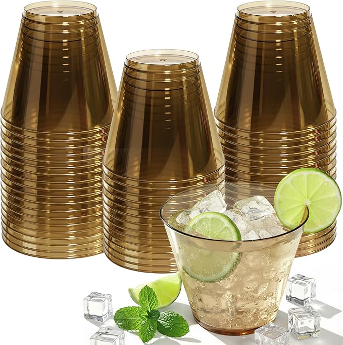 Glowserve 50 Pack Plastic Cups 9 oz Brown Clear Plastic Cups for Cocktail Fancy Disposable Cup for Party Stemless Wine Gla...