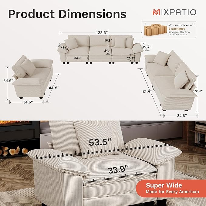 MIXPATIO U-Shaped Cloud Modular Sofa Set, Deep Seat 3-Piece 6-Seater Sectional Couch & Removable Arms, Plush Corduroy for Living Room - Beige