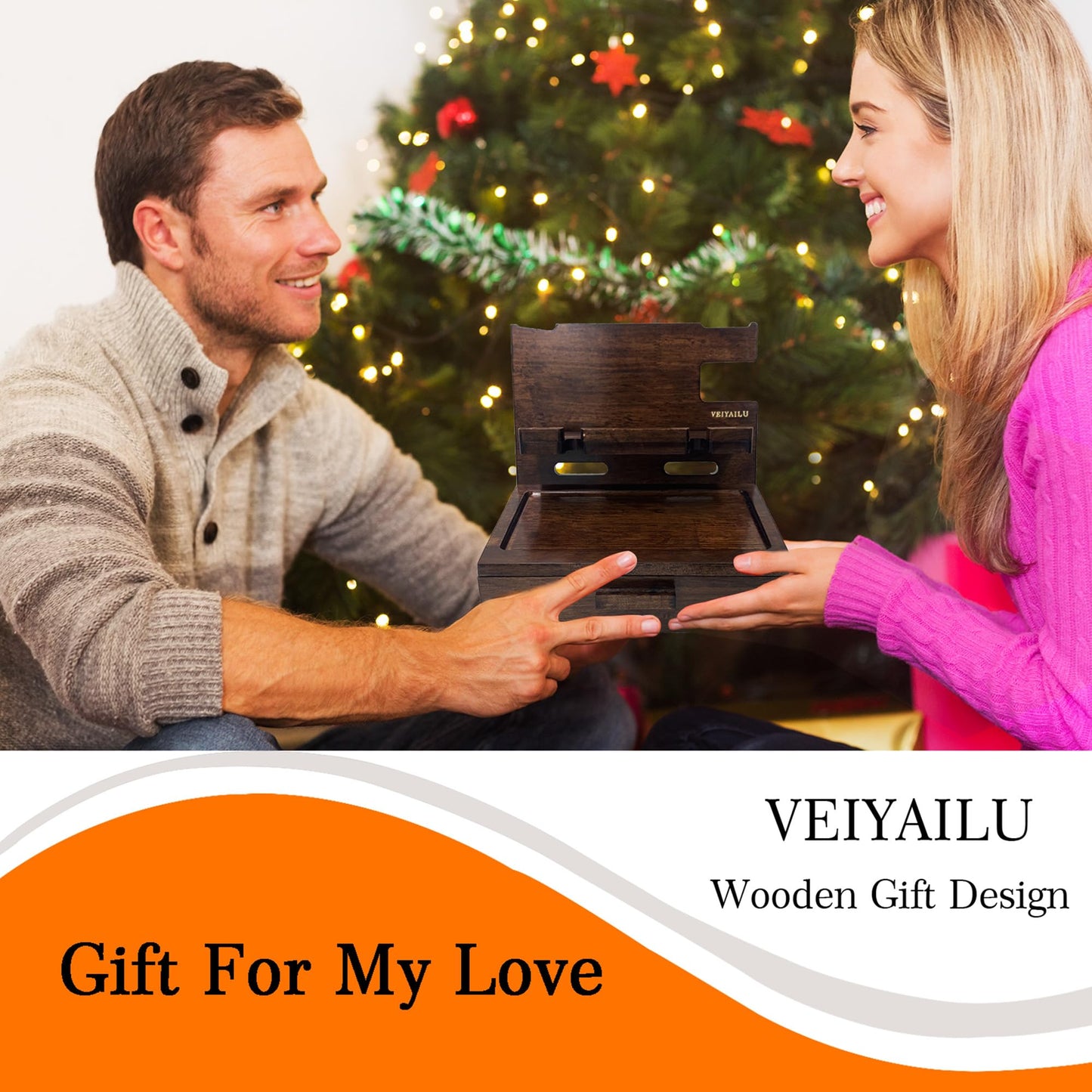 VEIYAILU Gifts for Men Women Husband Son Boyfriend Him Nightstand Organizer Wood Phone Docking Station Birthday Gifts (Walnut)
