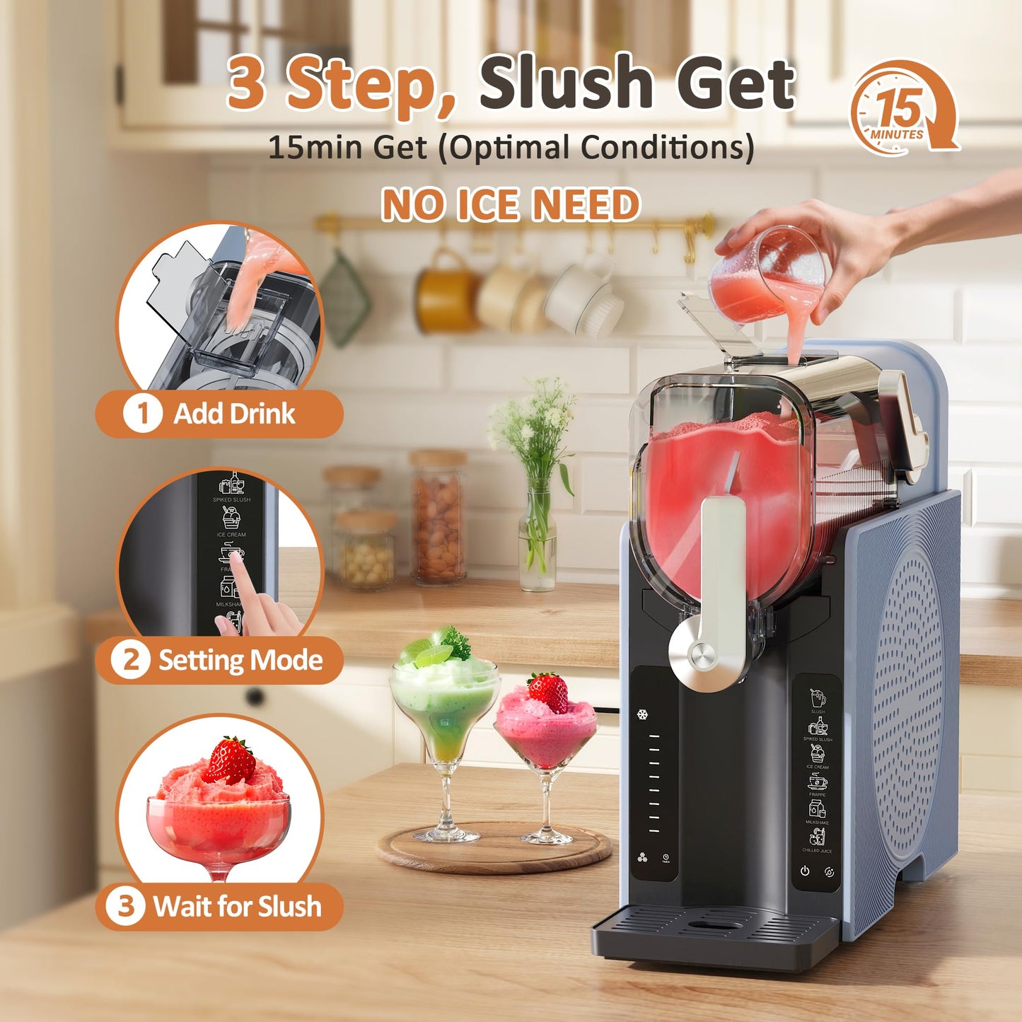 WIZAURA Slushie Machine, Slushy for Home No Ice Need, Soft Serve Ice Cream Maker & Margarita Machine, Auto-Cleaning, 6 Presets for Milkshakes, Frappés, Frozen Drink and More, Blue, 1 Insulated Cup