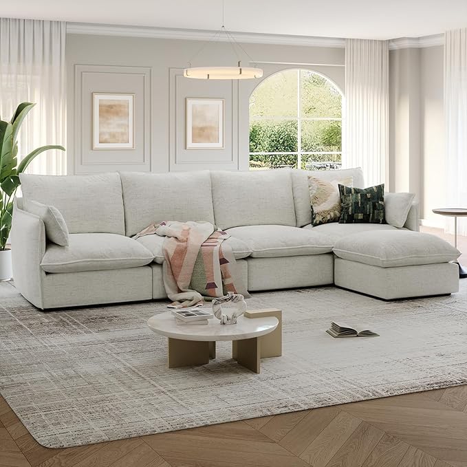 Lopzeho 124" Cloud Modular Sectional Sofa, Waterproof Down Filled Sectional Couch, High Backrest L Shaped 4 Seater Couch with Ottoman, Modern Modular Sofas with Removable Cover, Cream White
