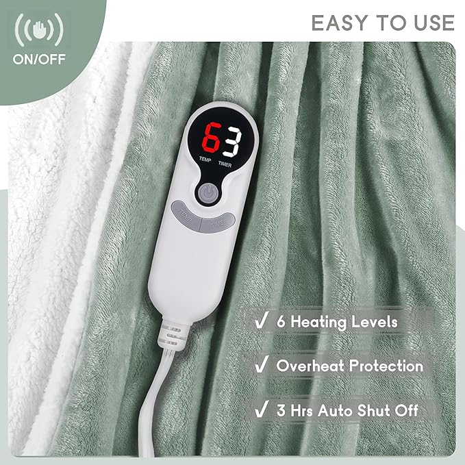 Heated Blanket Electric Throw Size 50''x60'' with 9 Heating Levels, 3 Hour Auto Shut Off, Machine Washable, Flannel & Sherpa Double-Sided Soft Warming Blanket for Couch, Bed, Office - Light Green