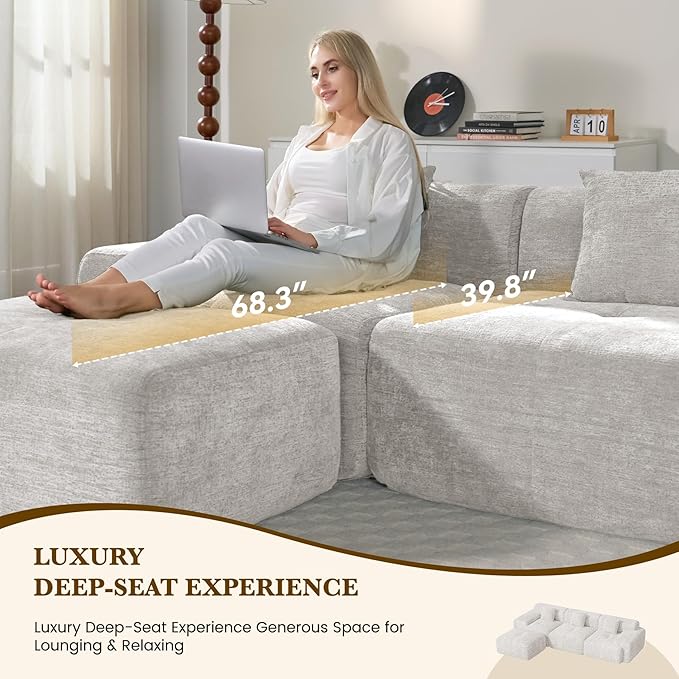 158" U Shaped Convertible Modular Couch, Cloud Couch Sectional with Ottoman, 6-Seater Chenille Boneless Couches for Living Room, Apartment, No Assembly, Beige 1PCS