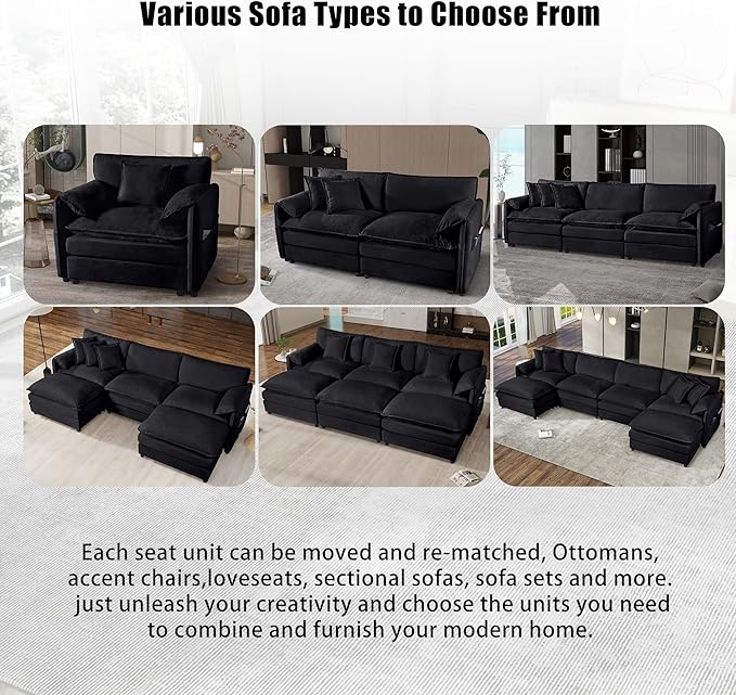 RENDGO 109" Modular Sectional Sofa with 2 Ottoman, Chenille Cloud Couch for Living Room & Apartment, Deep Seat Comfort, Flexible U-Shape Combination Sofa for Home & Office,Black