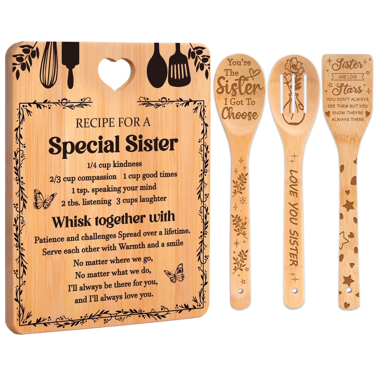 Gifts for Sister - "Recipe for a Special Sister" Sister Birthday Gifts Cutting Board Set, Bamboo-Made Engraved Utensil Set Sister Gifts, Birthday Gifts for Sister from Sister