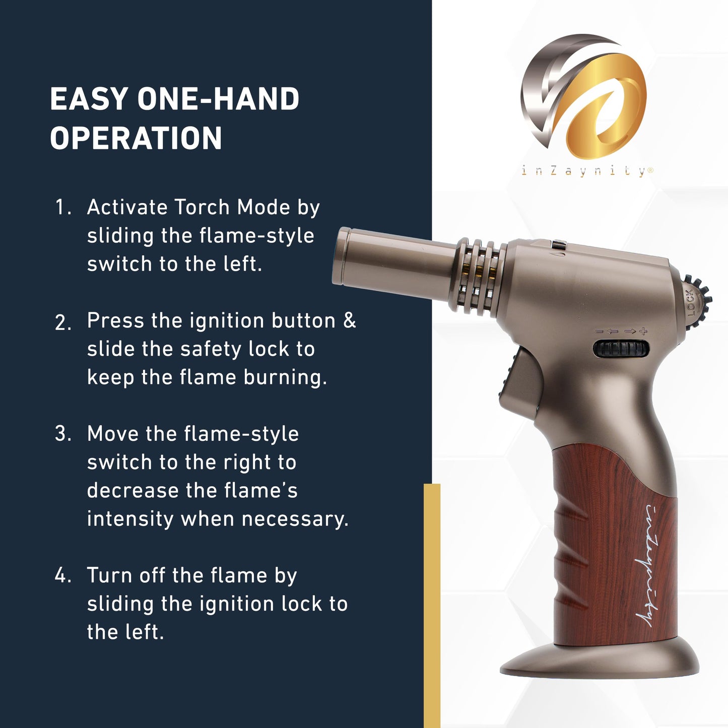 Dual Flame Butane Torch - Refillable Handheld Blow Torch for Cooking, Soldering, & Resin Art w/Adjustable Flame & Ignition Lock - Kitchen Blow Torch & Luxurious Gift Box by inZaynity - Brown Steel