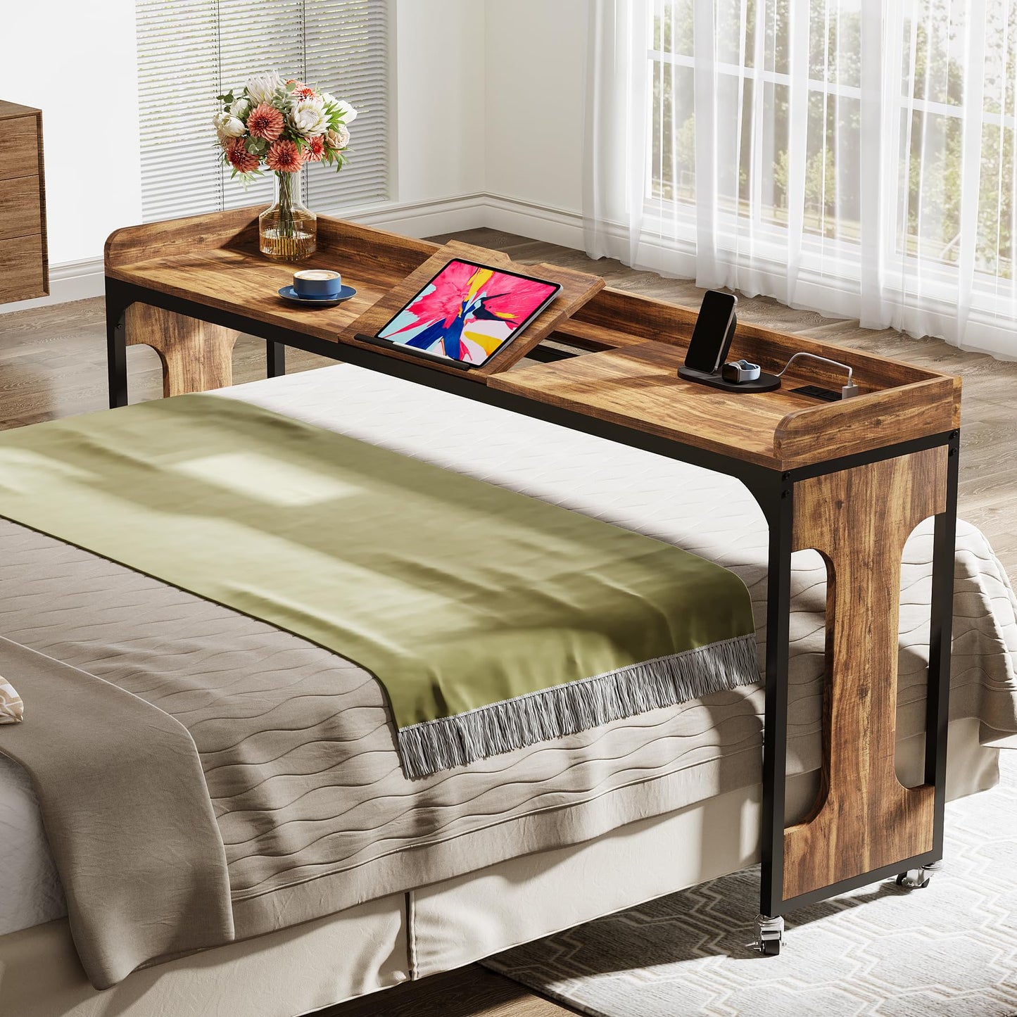 Tribesigns Overbed Table with Wheels, 71" Queen Size Bed Table with Adjustable Tilt Board, Mobile Laptop Cart with Outlets & USB Ports