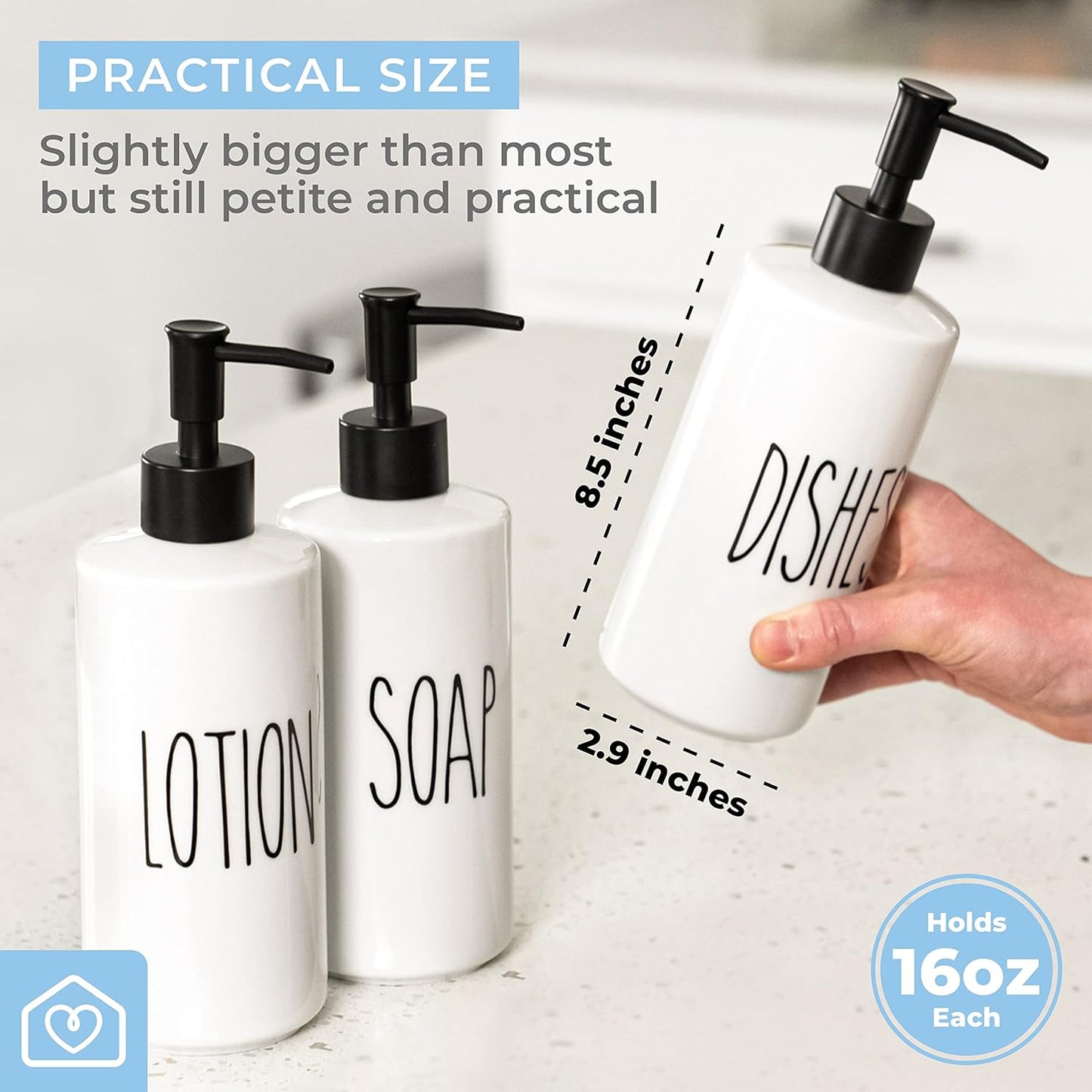 Heartland Home Porcelain 16oz Liquid Dispenser - Kitchen, Bathroom & Laundry Soap & Shampoo Dispenser