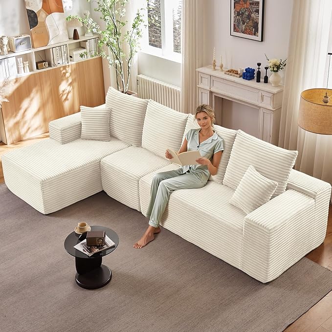 135.4" Cloud Sectional Couch with L-Shape Chaise, Modern Corduroy Boneless Couch for Living Room,Memory Foam Sofa with Deep Seat,No Assembly Required (White,Left-Facing Chaise)