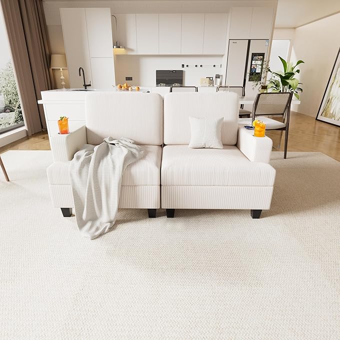 63" Modular Sectional Sleeper Sofa, Soft Durable Corduroy Loveseat with Armrest, 2 Cup Holders & 2 USB Ports, 21" Deep Seat Cloud Couch for Small Spaces Living Room Bedroom Office (White, 2 Seat)