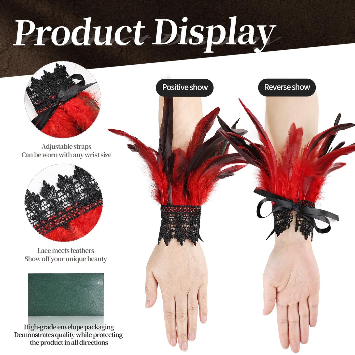 MAOFENG Women's Gothic Lace Feather Gloves Feather Arm Sleeve Wristband Mesh Cuff Cosplay Wedding Halloween Party Costume Accessories,Red