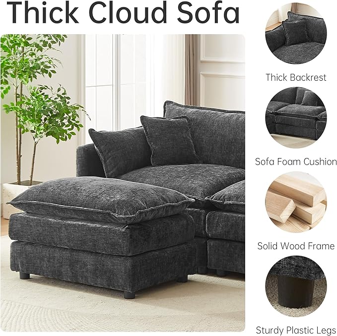 saows Modular Sectional Sofa, 112.2 Inch Rectangle Shaped Couch Set with Armrests, 3-Seater Comfy Cloud Couches for Living Room Apartment, Grey