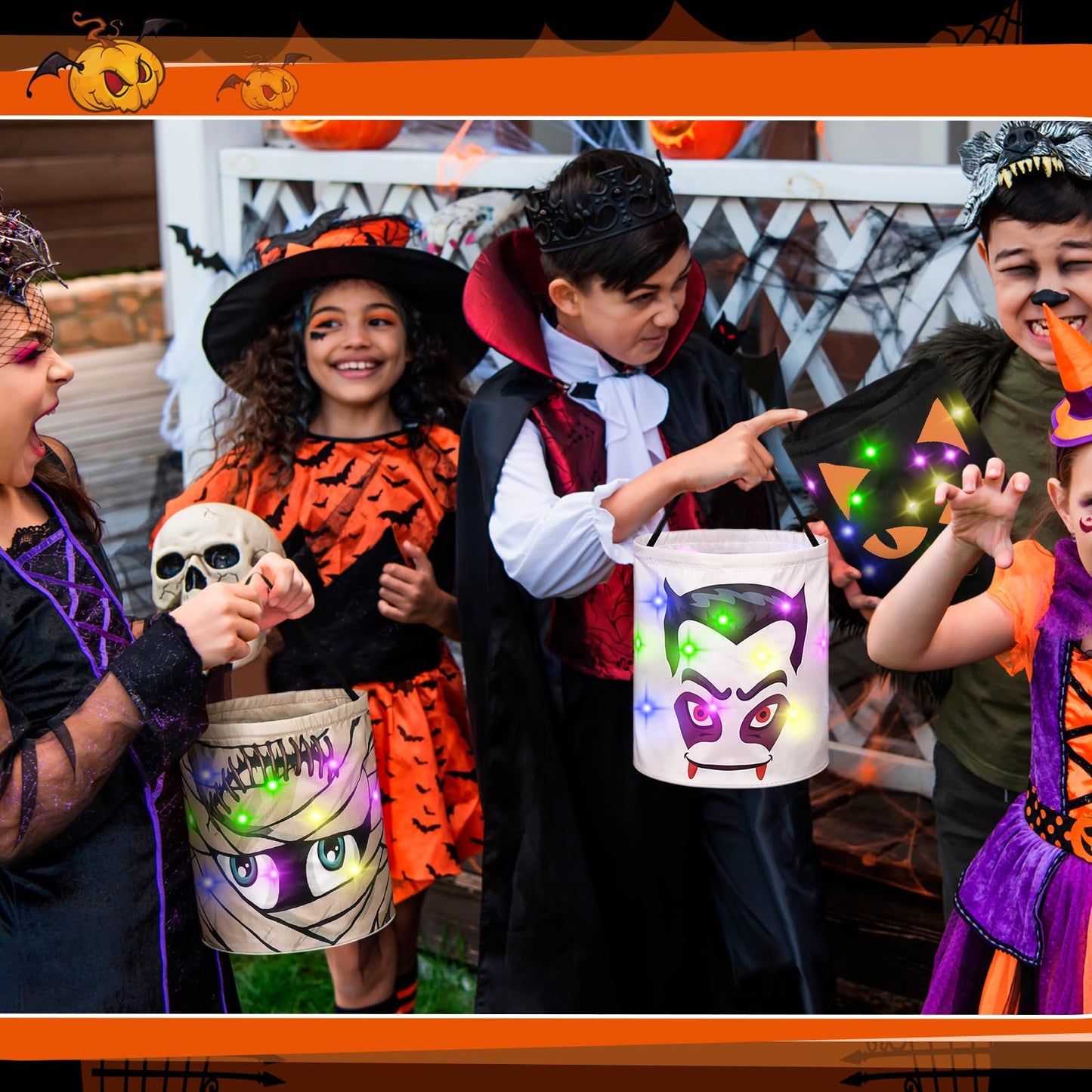 Sanwuta 3 Pcs Lighted Halloween Trick or Treat Bucket 10 x 10.5 Inches LED Spooky House Castle Bag Reusable Goody Candy Bucket for Kids Trick or Treat Halloween Birthday Party Favor Supplies(Novelty)