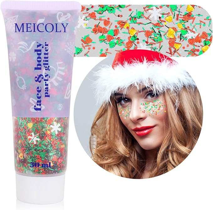 MEICOLY Christmas Face Body Glitter Gel,Christmas Stocking Stuffers Gift Decorations,Festival Hair Glitter for Women Kids Girls,Chunky Halloween Sparkling Glitter Face Paint