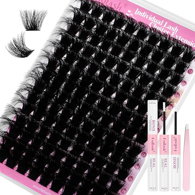 FADLASH Lash Extension Kit 200D Lash Cluster Kit DIY Eyelash Extension Kit with Lash Bond and Seal Lash Tweezers Natural Cluster Lashes Kit Individual Lashes 3D Effect (KIT, 200D-3D-07D-15-20mm)