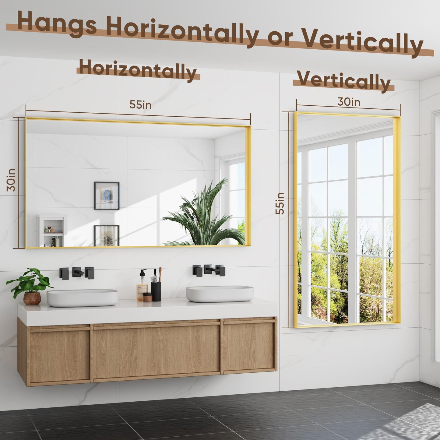 Furnbar Gold Bathroom Mirror 55x30 Inch, Rectangle Mirror with Metal Deep Frame, Wall Mirrors for Over Sink, Vanity, Bedroom, Bathroom, Hangs Horizontally or Vertically