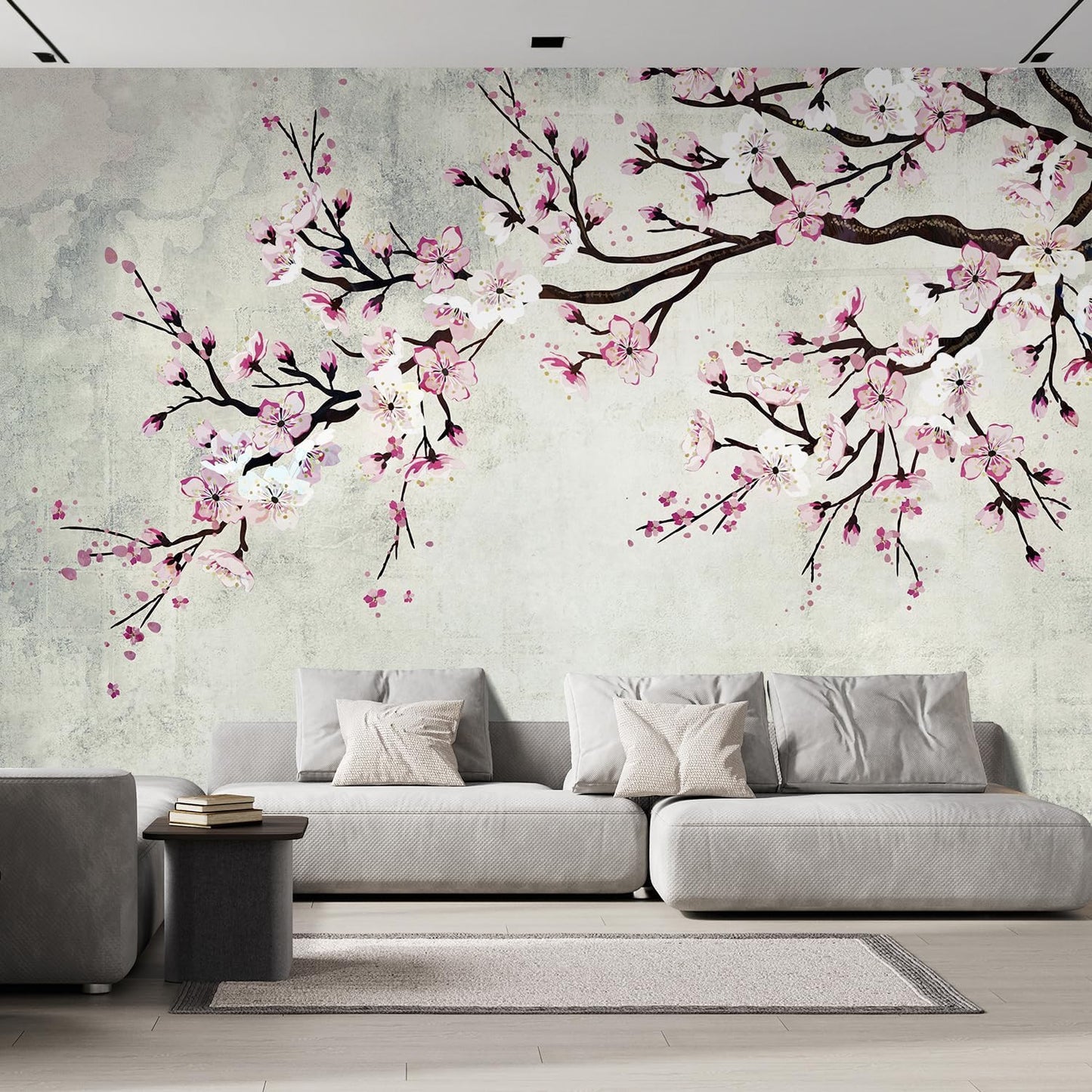 wall26 Wall Sticker/Wall Mural Watercolor Style Ink Painting Pink Cherry Blossom on Vintage, Not Peel and Stick, Non-Woven Wallpaper Decorative for Bedroom, Living Room, Office - 120x144 inches
