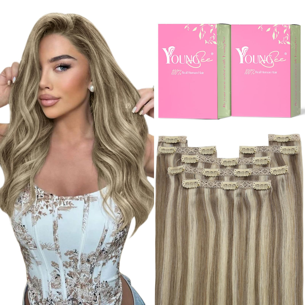 YoungSee Clip in Human Hair Extensions Highlight Remy Human Hair Extensions Clip ins Blonde Highlights with Light Brown Clip in