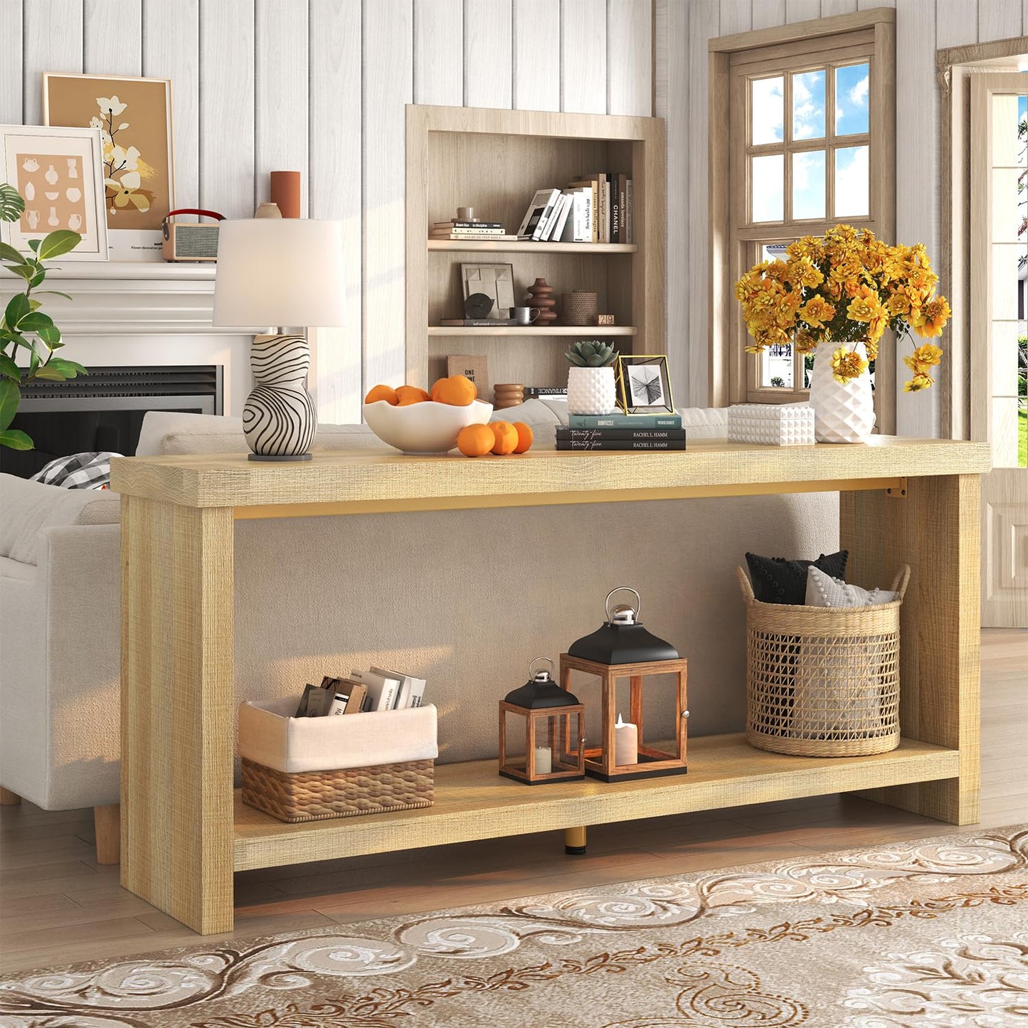 knoworld 63 Inches Narrow Console Table, 2-Tier Long Sofa Tables Behind Couch Table, Farmhouse Foyer Tables for Entryway, Hallway, Living Room, Oak Natural