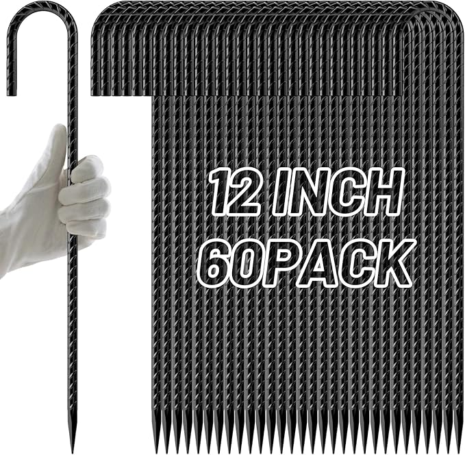 AAGUT Rebar Stakes 12 Inch 60 Pack, J Hook Premium Black Coated Ground Garden Anchors Heavy Duty, Superior Rust Resistance Chain Link Fence Stakes for Camping Tent, Inflatables, Lawn Decor