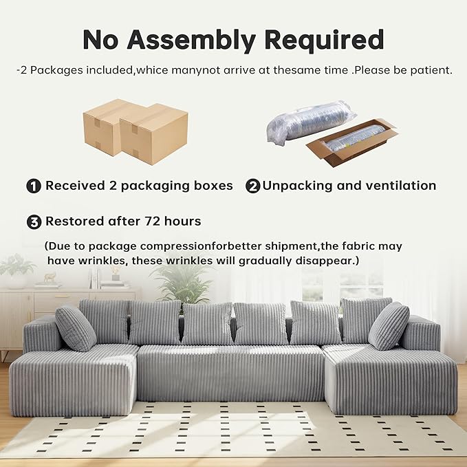 SEENYOO 130" Boneless Couch, Cloud Couch Sectional, Corduroy Sofa for Living Room, U Shaped Modular Sofa with Chaise, No Assembly, 4 Seats Oversized (Grey)