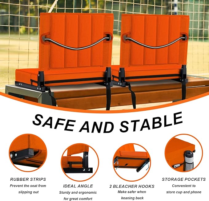 Aliphon Stadium Seat for Bleachers with Back Support and Cushion, Bleacher Seats with Shoulder Strap and Cup Holder, Padded Portable Folding Comfort Stadium Chair, for Sports Events, Orange (1pcs)