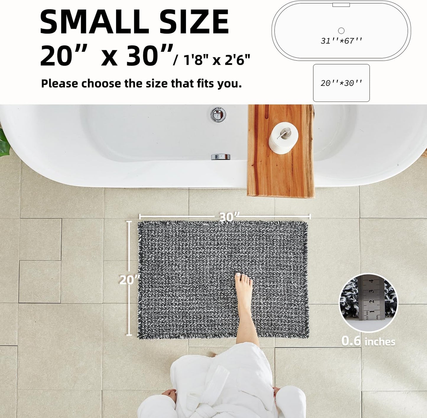 Black and White Bathroom Rugs, Waffle Bath Mat Non Slip Washable Super Absorbent Quick Dry Boho Farmhouse Bathroom Decor, 30"x20" Black and White