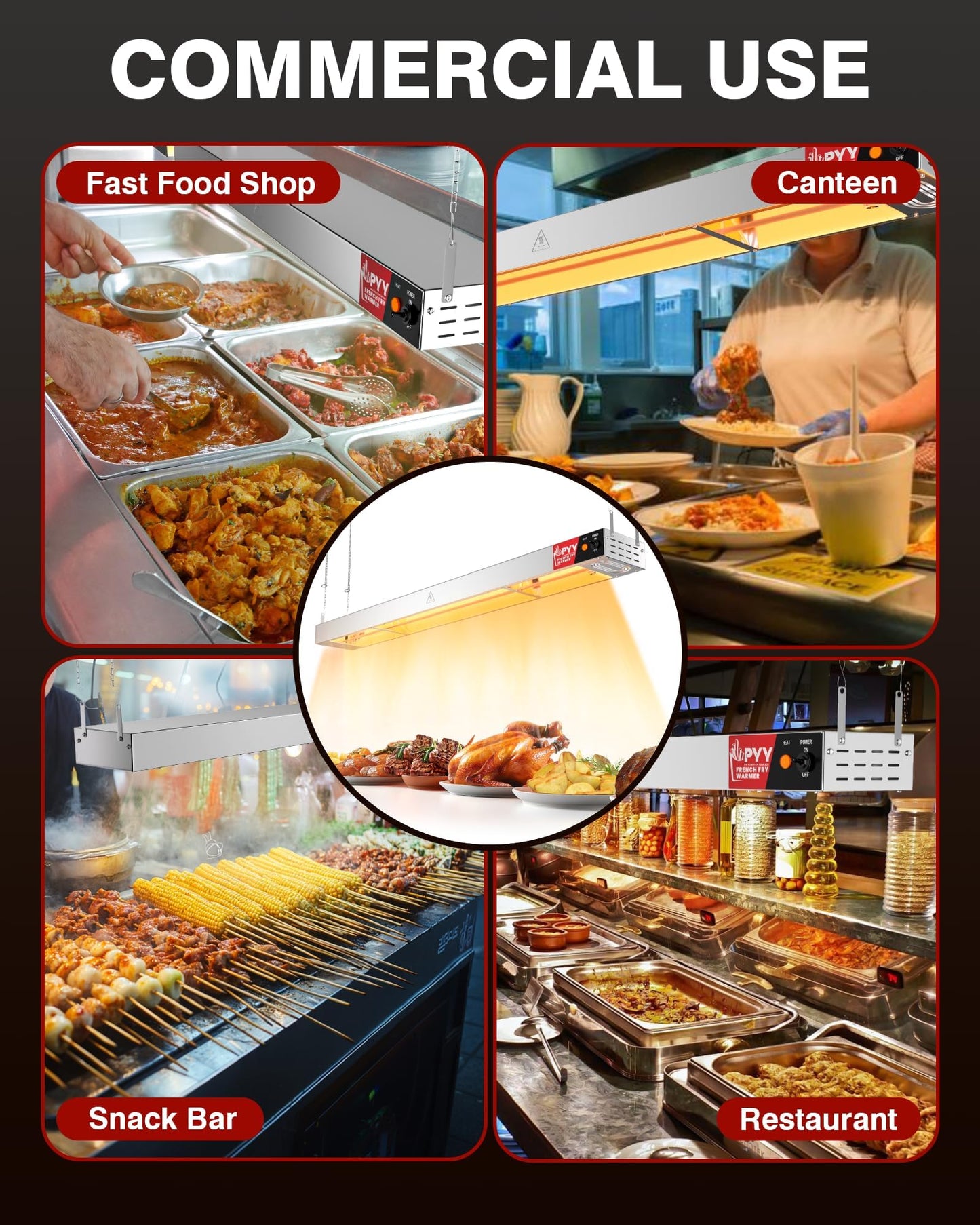 PYY Food Heat Lamp, 48 Inch Commercial Food Warmer Light, Stainless Steel Electric Strip Heater for Restaurant/Kitchen/Buffet/Cafeteria, Pass-Through Stations Heating Equipment, 1400W Silver