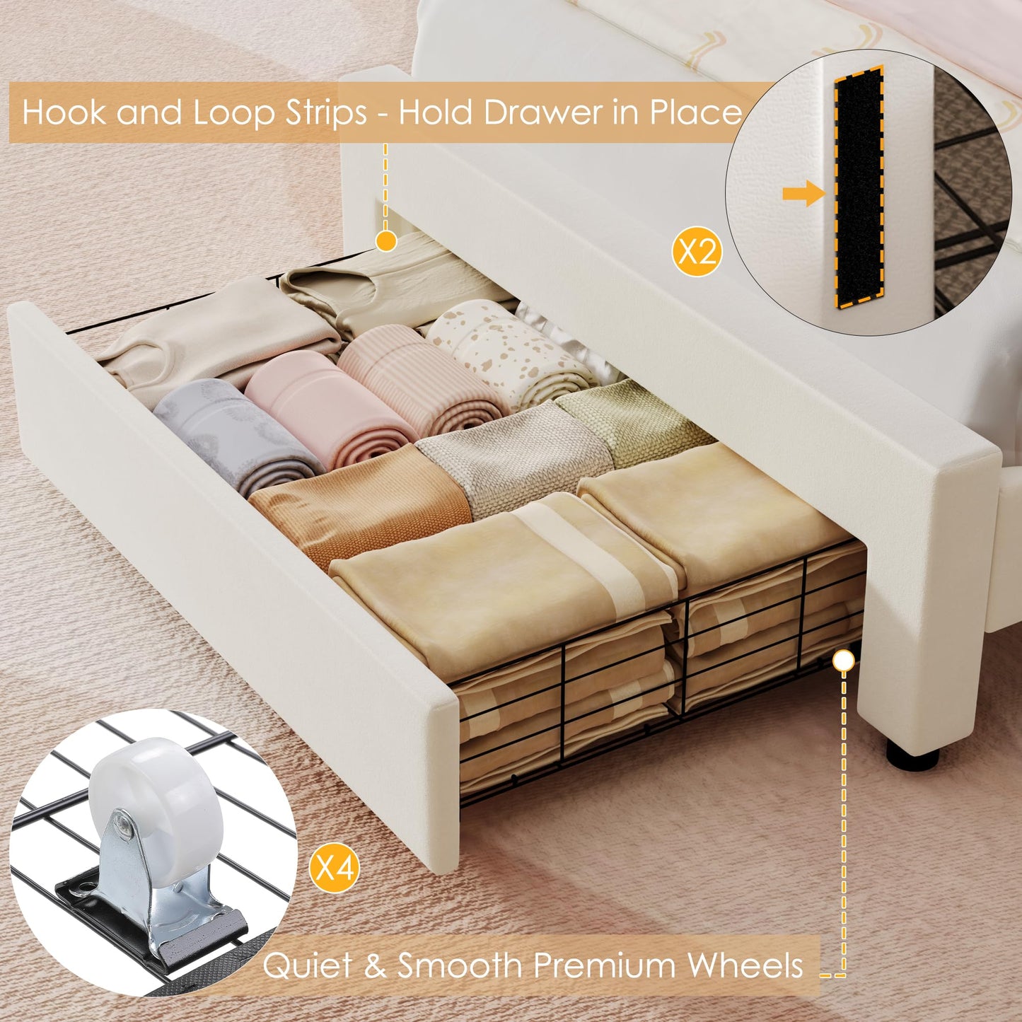 Keyluv Twin Upholstered LED Bed Frame with Storage Drawers, Soft Velvet Princess Platform Bed with Adjustable Cute Shell Headboard, No Box Spring Needed, Noise-Free, Beige