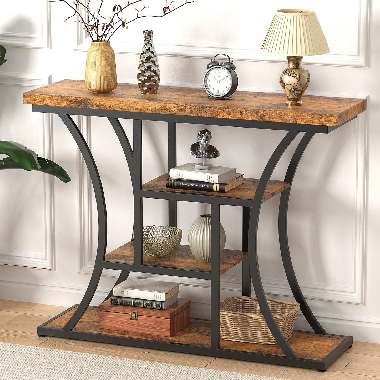 Loftiage 41.3" Industrial 4 - Tier Console Table with Curved Metal Frame, Narrow Long Entryway & Sofa Table with Storage Shelves for Living Room, Accent Hallway Furniture