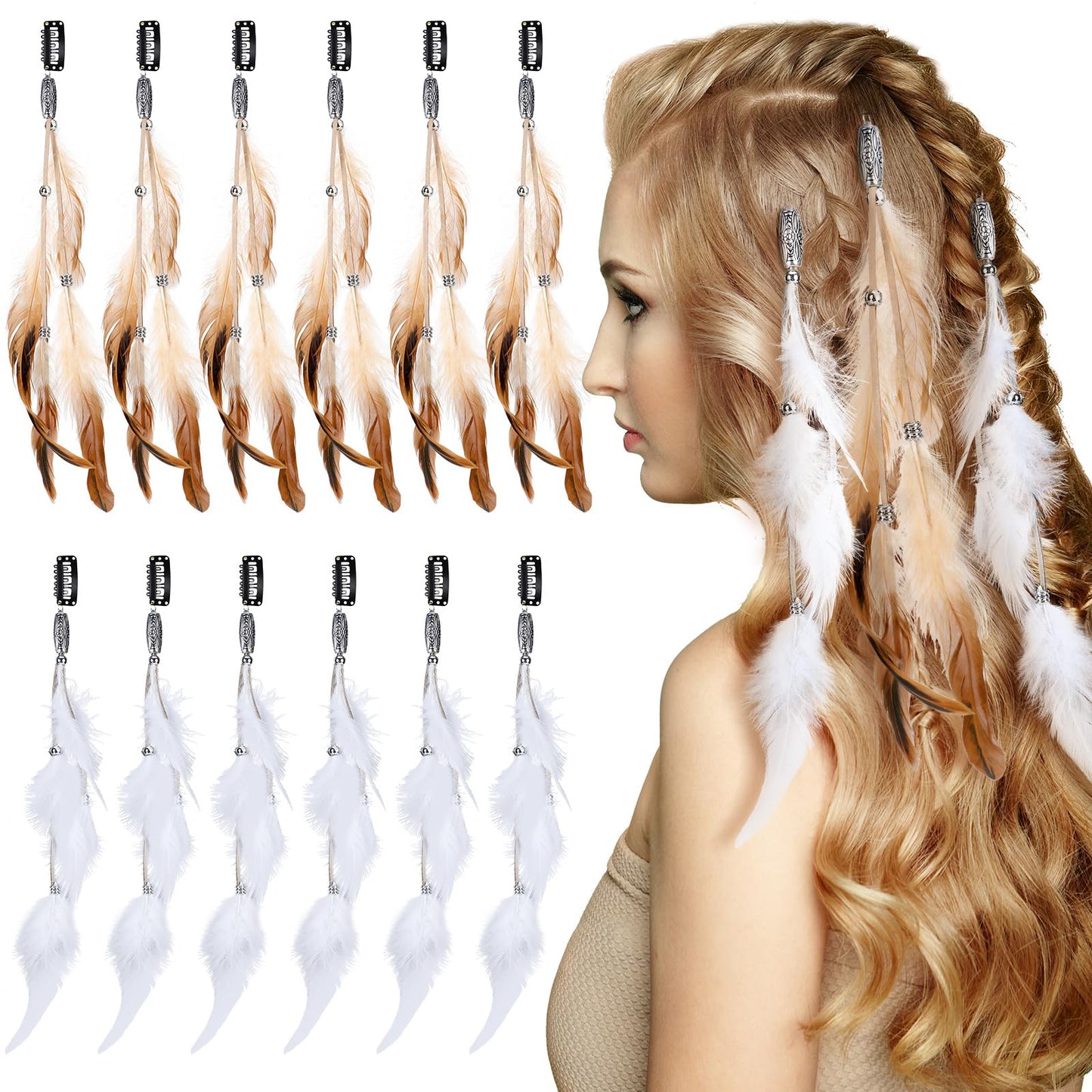 Geyoga 12 Pcs Clip in Hair Feathers Extensions for Women Colored Boho Feather Hair Clips Halloween Cosplay Costume Carnival Part